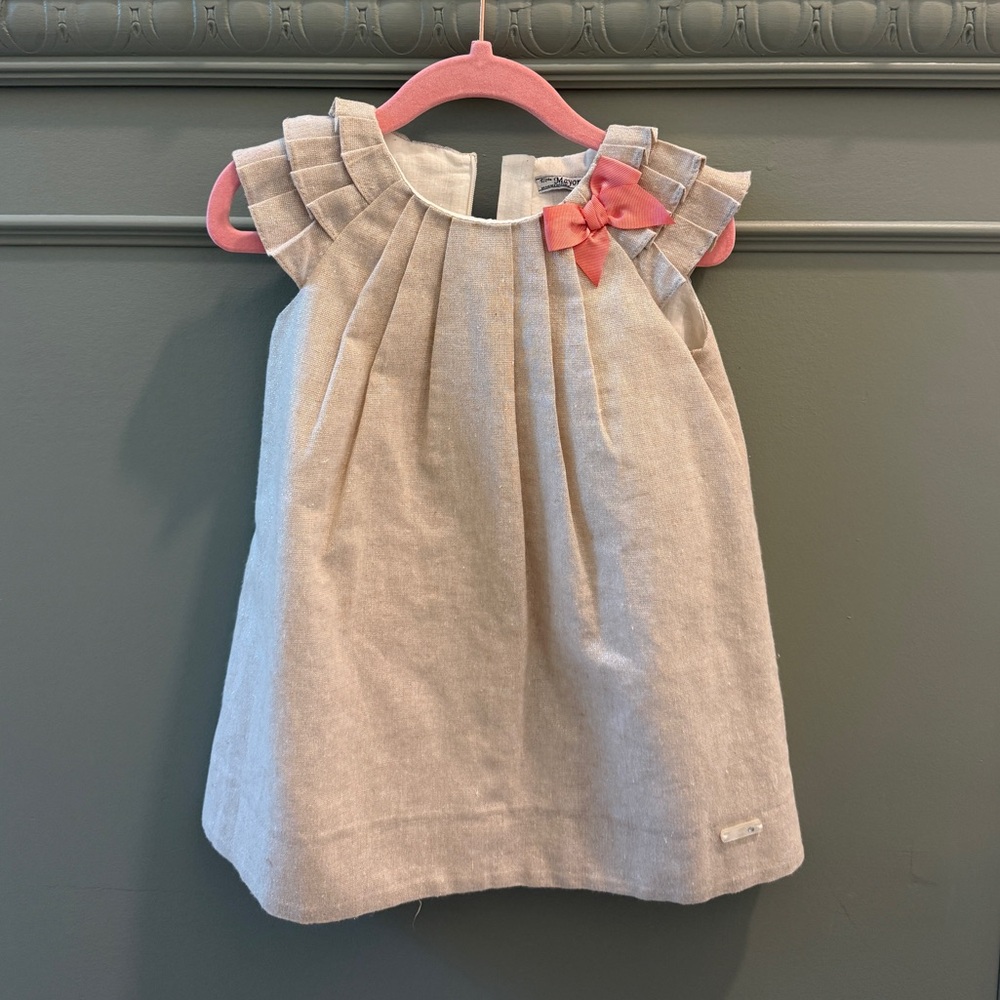 Mayoral 24mo Cream Linen Dress with Coral Bow